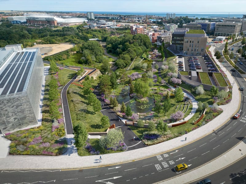 Work will begin on the new Riverside Park. Covering 13.7 hectares of parkland and 5.3 hectares of river, Riverside Park, which comprises Galley’s Gill, Kingsley Gardens, Lambton Riverside and Wearmouth Riverside, will be delivered in several phases as the wider regeneration progresses.
Phase one will include the creation of the new park entrance, which will be situated at the southern end of Galley’s Gill, between the Riverside multi-storey car park and the new Eye Hospital. The area includes new ponds and landscaping that will provide social spaces and a variety of flora and fauna that will increase biodiversity and natural habitat. 